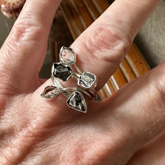 Natural Herkimer Diamond & Meteorite Campo Del Cielo Sterling Ring - Picture 5 of 8